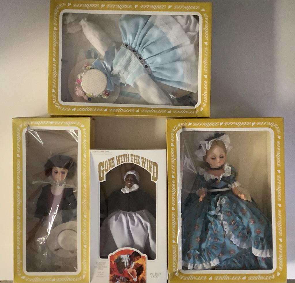 (3) boxed dolls including World Doll "Gone With the: (3) boxed dolls including World Doll "Gone With the Wind" Mammy, Effanbee "Colonial Lady" and Effanbee Victorian style boy. Also includes boxed Effanbee Hattie Holiday Easter outfit.