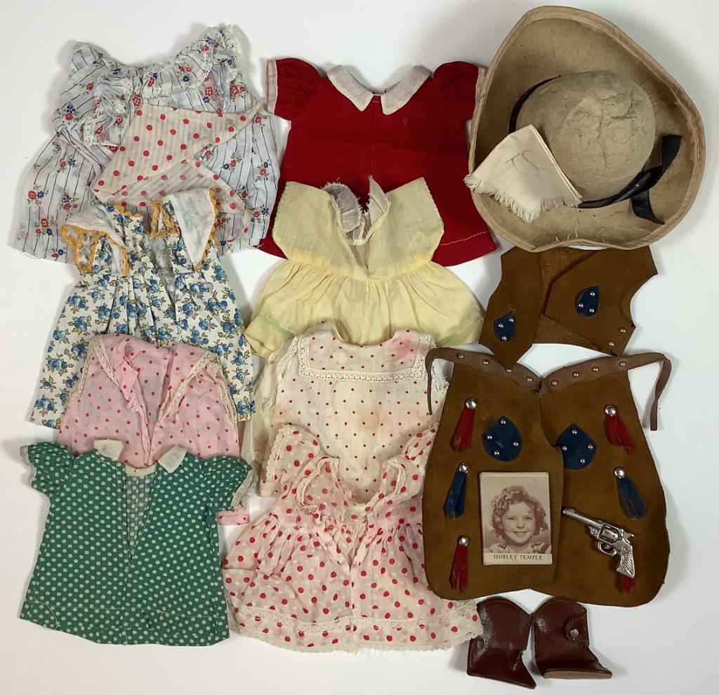 Lot miscellaneous clothes and accessories for 13": Lot miscellaneous clothes and accessories for 13" Shirley Temple. Includes chaps, vest, hat, boots and gun for Cowboy Shirley.