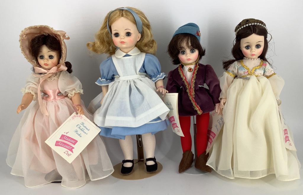 Lot (4) boxed Madame Alexander dolls. Includes 11": Lot (4) boxed Madame Alexander dolls. Includes 11" Pinkie, Romeo and Juliet, and 13" Alice. All four dolls have been displayed but are in excellent condition. Boxes have wear and crimping.