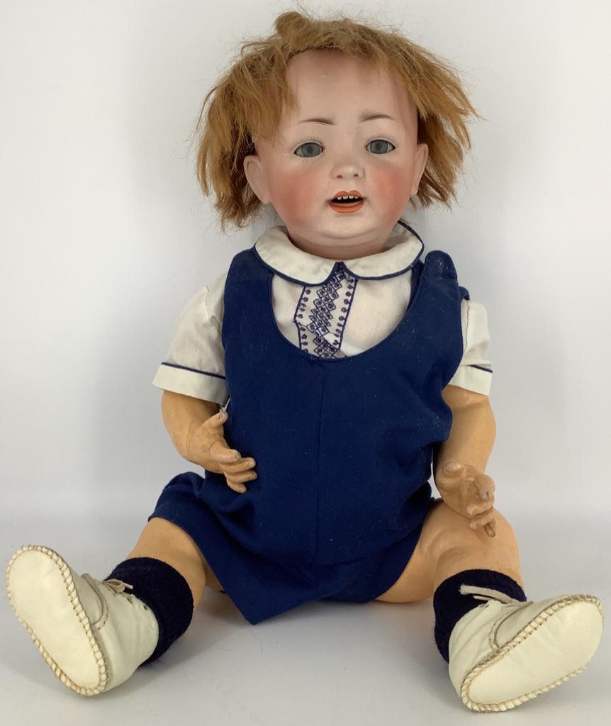 24" Louis Wolf & Co. bisque socket head character baby.: 24" Louis Wolf & Co. bisque socket head character baby. Replaced mohair wig, glass sleep eyes, open mouth with teeth, on five piece composition bent limb baby body. Bisque is good with no apparent dam