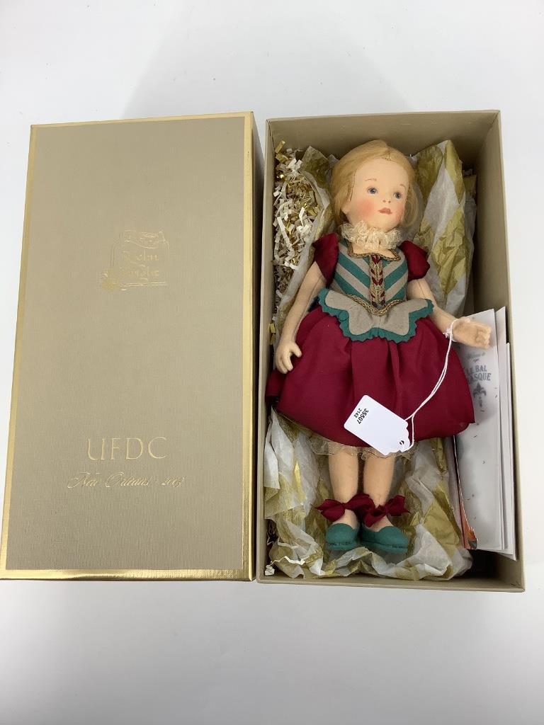 12" Musette candy container by R. John Wright. Made for: 12" Musette candy container by R. John Wright. Made for the UFDC National Convention "Le Bal Masque" in New Orleans 2003, all felt construction with mohair wig, molded and painted facial features, dis