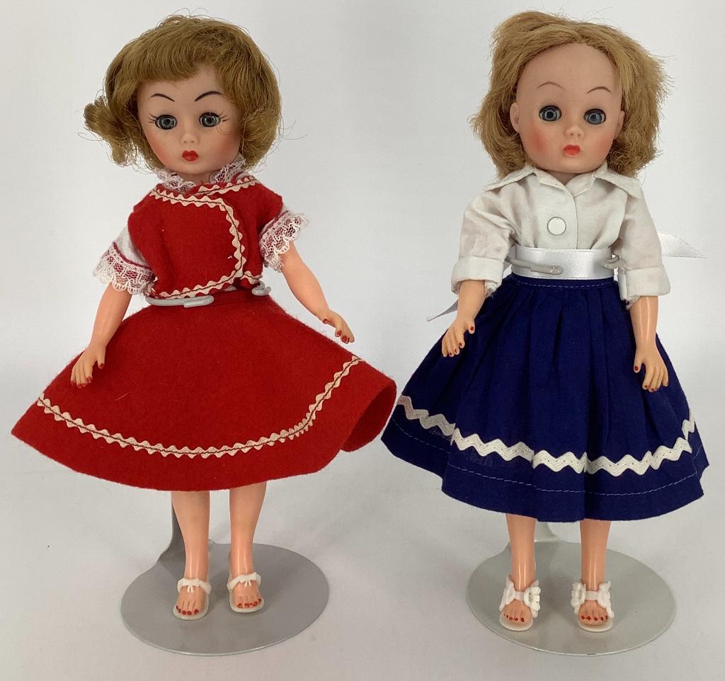 (2) vinyl Debbie Dolls (Mayfair, Canada). Rooted hair,: (2) vinyl Debbie Dolls (Mayfair, Canada). Rooted hair, sleep eyes, on five-piece high heel body. Doll in red felt has two painted lashes on the side of each eye. The doll and her costume are in excell