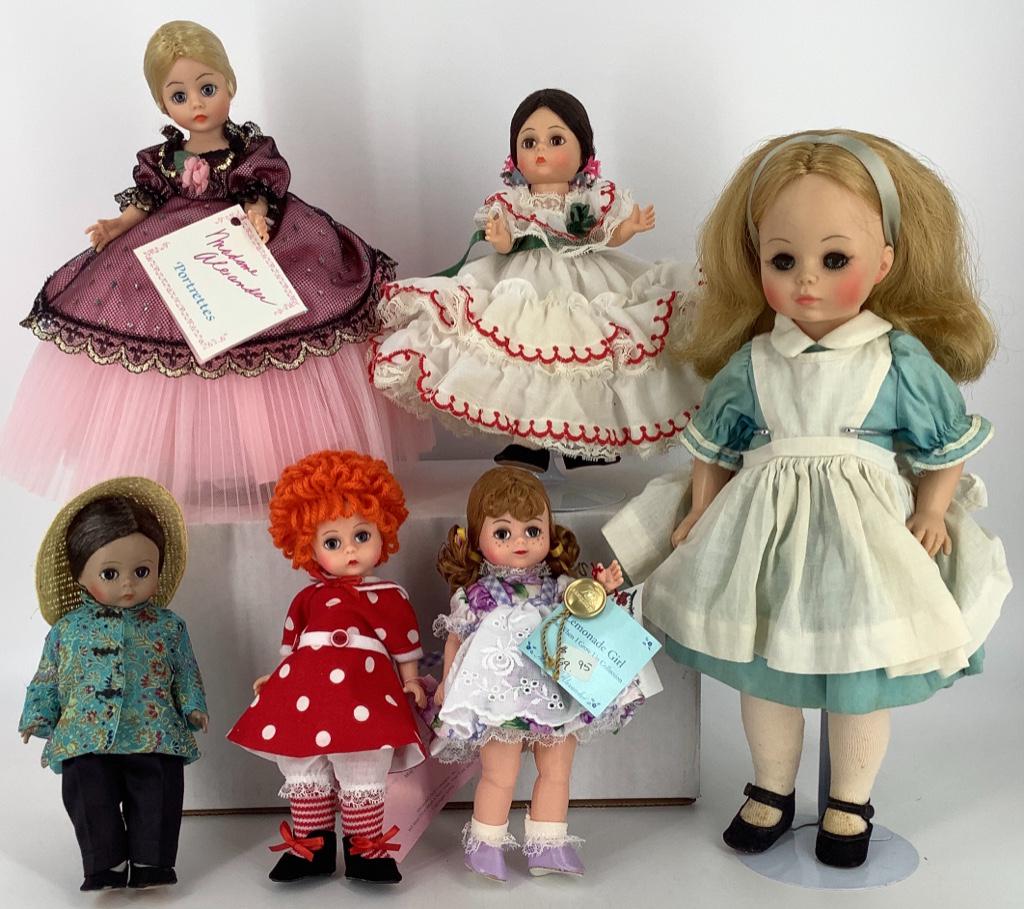 Lot (6) boxed Madame Alexander dolls. Includes 8" Mop: Lot (6) boxed Madame Alexander dolls. Includes 8" Mop Top Annie, Lemonade Girl with Stand, China and Panama, 9" Portrettes Rosette and 13" Alice. The 8" and 9" dolls are in excellent condition. Alice
