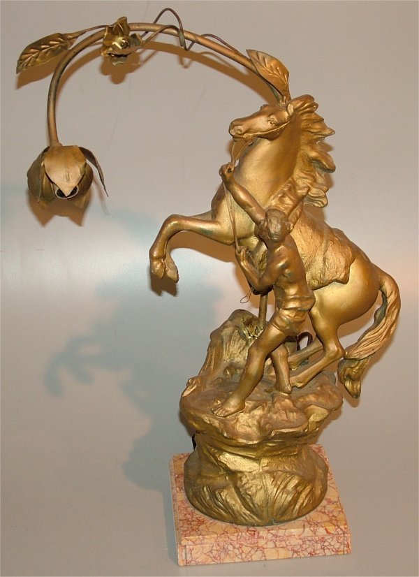 CAST METAL MAN & HORSE LIGHT ON MARBLE BASE, REP