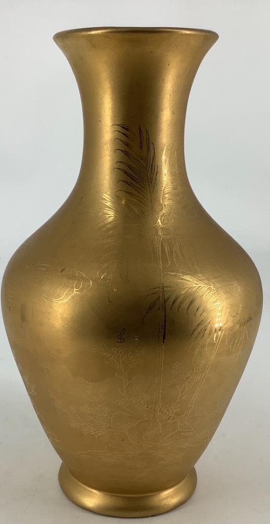 Art pottery vase,gold finish with palm tree motif (1 of 2)