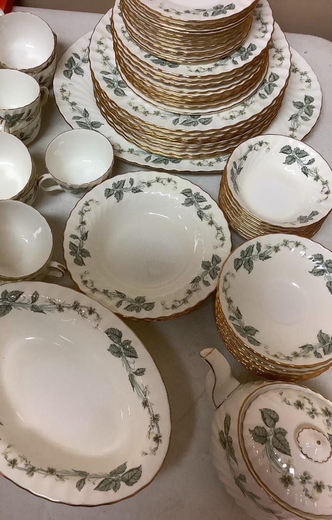 Minton ,bone chine Greenwich., One meat platter,, nine: Minton ,bone chine Greenwich. One meat platter, nine dinner plates ,two soup bowls ,eight dessert bowls ,nine salad plates ,12 dessert plates ,nine saucers, 9 cups ,one tea kettle and one serving dish