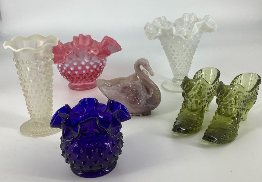 Fenton hobnail glass. 2 green shoes 4 ruffle edge vases: Fenton hobnail glass. 2 green shoes 4 ruffle edge vases and 1swan dish.