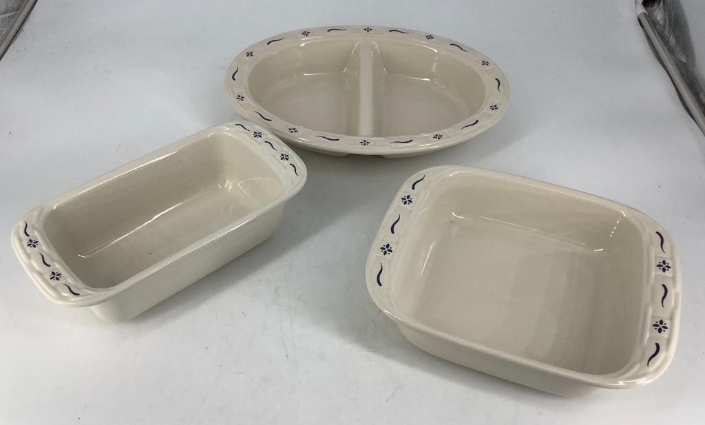 Box lot of Longaberger Serveware including a 8x8 baking: Box lot of Longaberger Serveware including a 8x8 baking dish, divided serving bowl and a loaf pan. All in original boxes