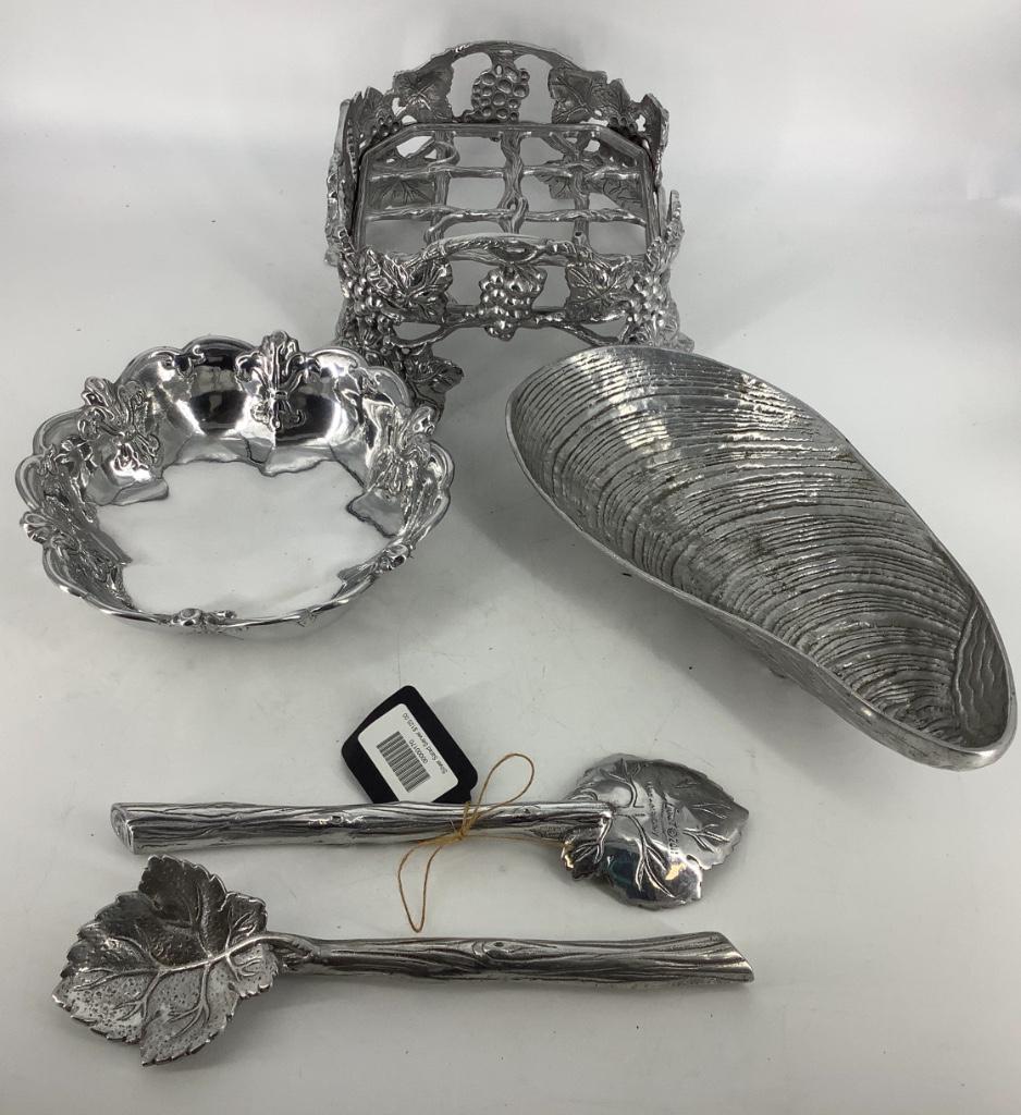 Arthur Court Cast Aluminum Serveware including 2 Silver: Arthur Court Cast Aluminum Serveware including 2 Silver Salad Servers, Fleur-De-Lis 10” Bowl, Sea Shell Serving Dish and Casserole Dish