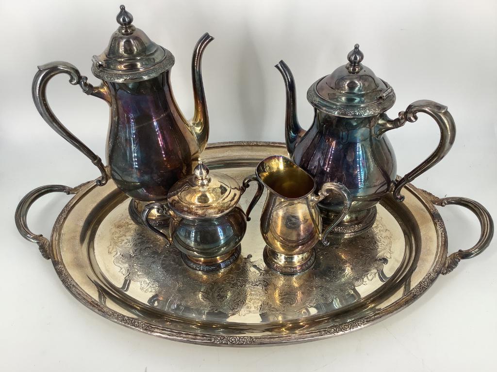 “Camille” 4 piece silver plate tea set on matching tray (1 of 1)