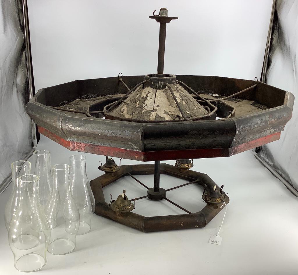 Early tin kerosene 4 burner chandelier, 28” in diameter (1 of 1)