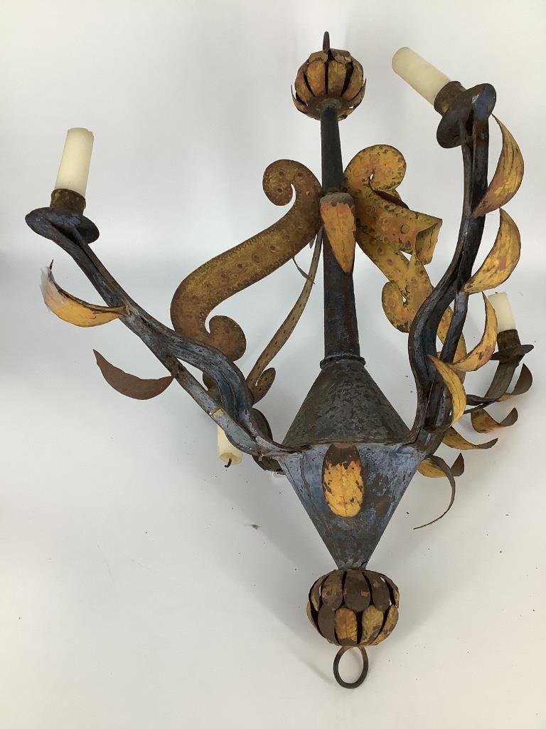 Early tin painted four light candle chandeliers. (1 of 4)