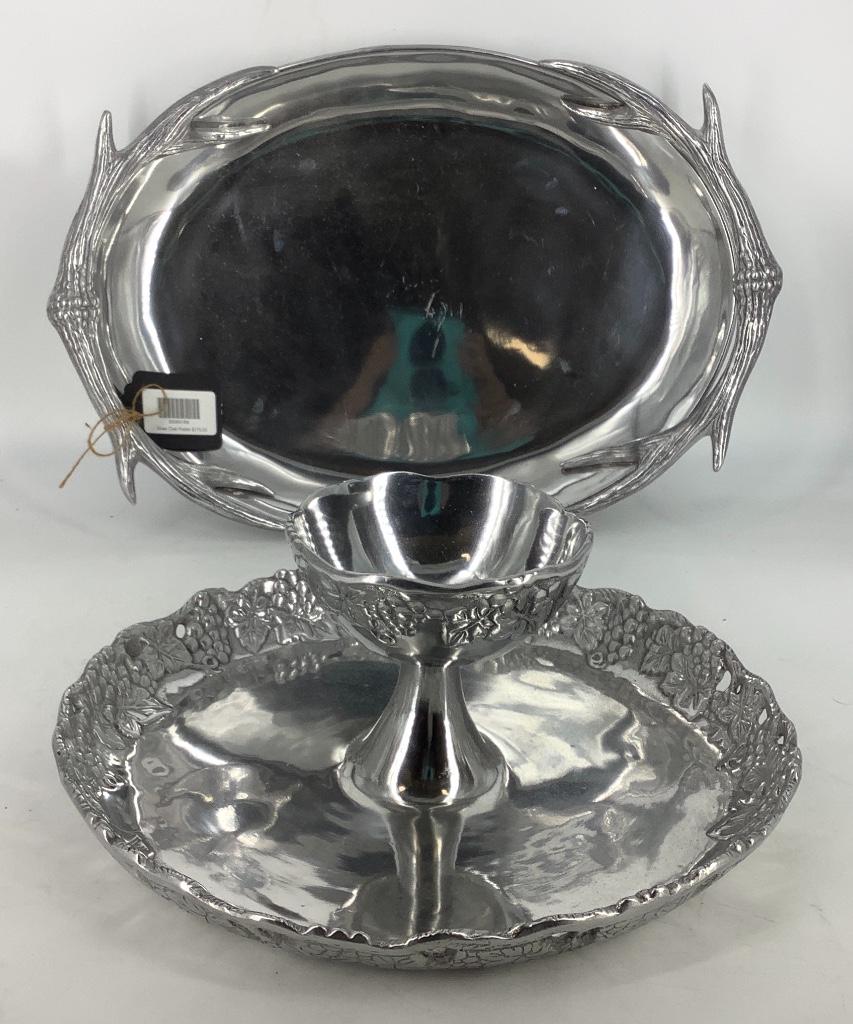 Arthur Court Cast Aluminum Serveware including a Grape: Arthur Court Cast Aluminum Serveware including a Grape 2 tiered chip and dip plate and a Elk oval platter