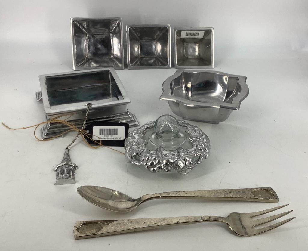 Arthur Court Cast Aluminum Serveware including 3 Silver: Arthur Court Cast Aluminum Serveware including 3 Silver Square Bowls, Silver Bowl, Glass Silver Canister Lip( missing canister ) and a large fork and spoon made by Arel