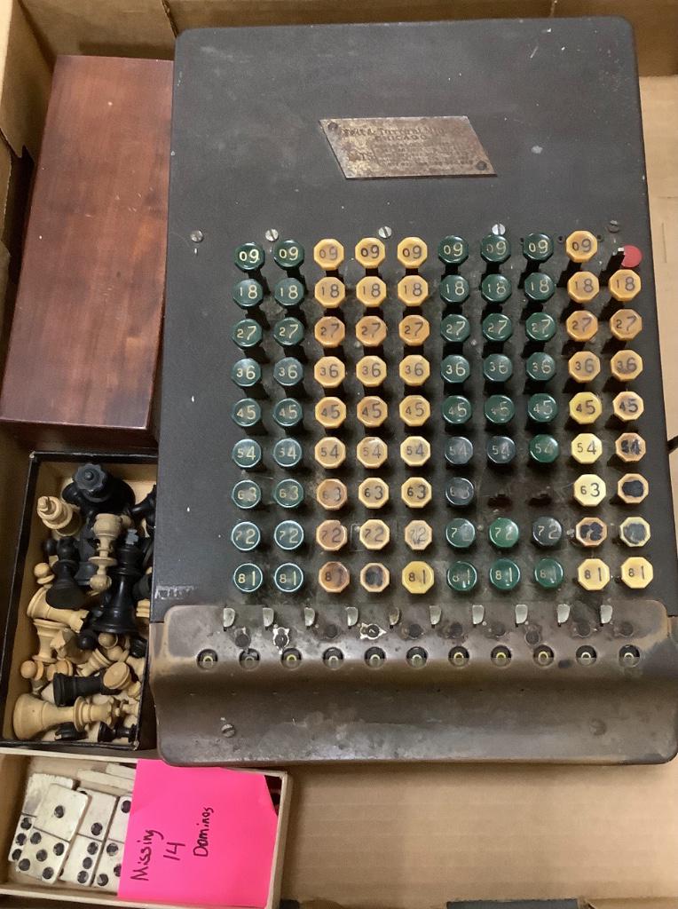 Comptometer, old domino’s, chest pieces, and a box of (1 of 2)