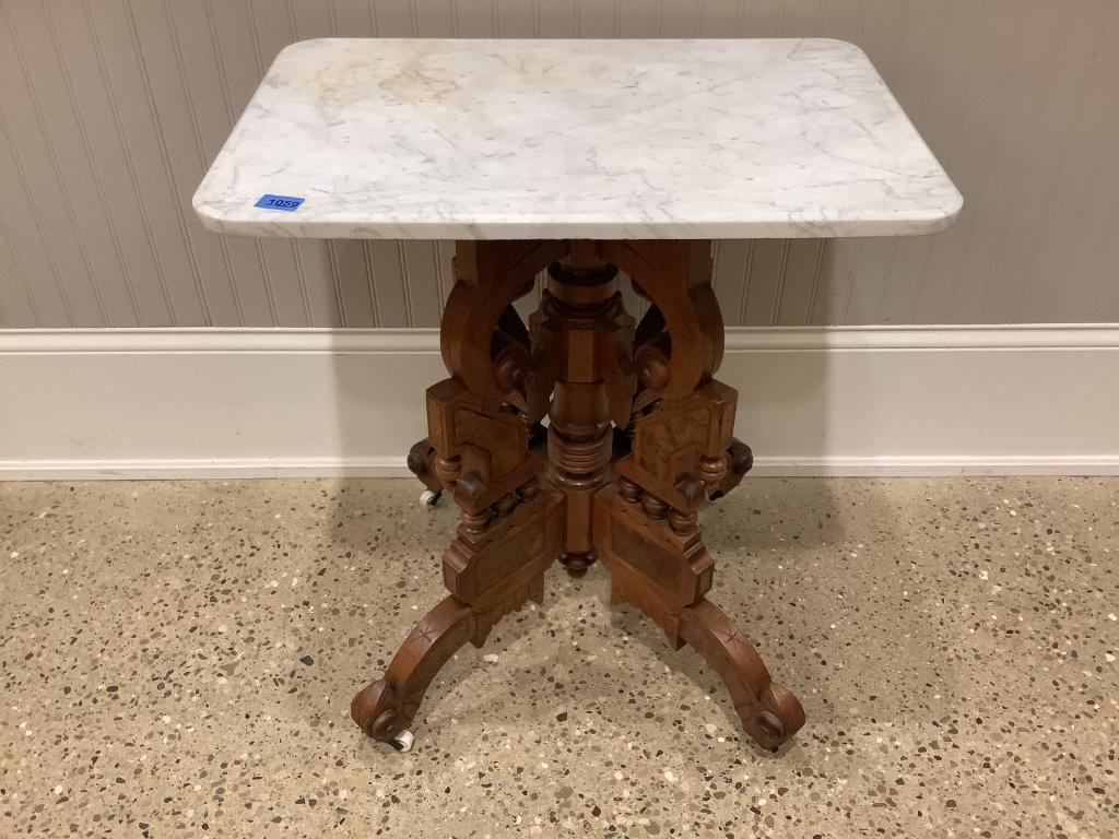 Eastlake Victorian marble top table, 27” x 18” x 29”. (1 of 2)