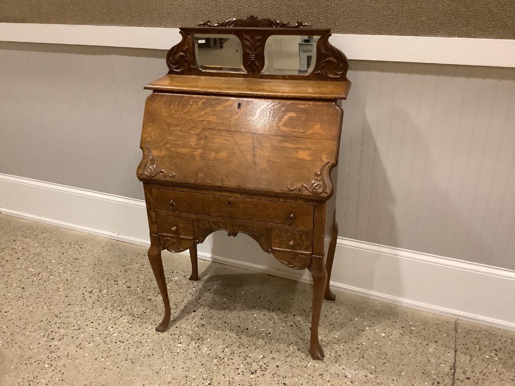 Oak drop-front desk with beveled mirrors, 30" x 15" x (1 of 4)