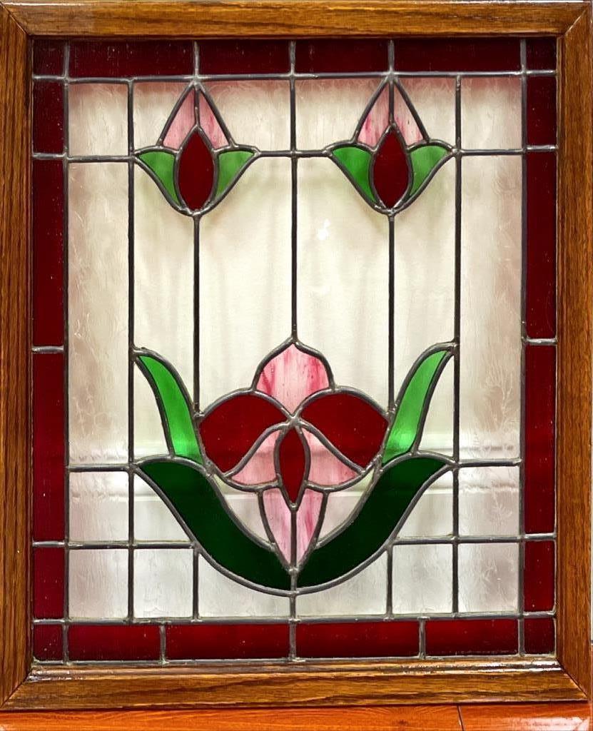 Stained glass window in oak frame. 18” x 18” (1 of 1)