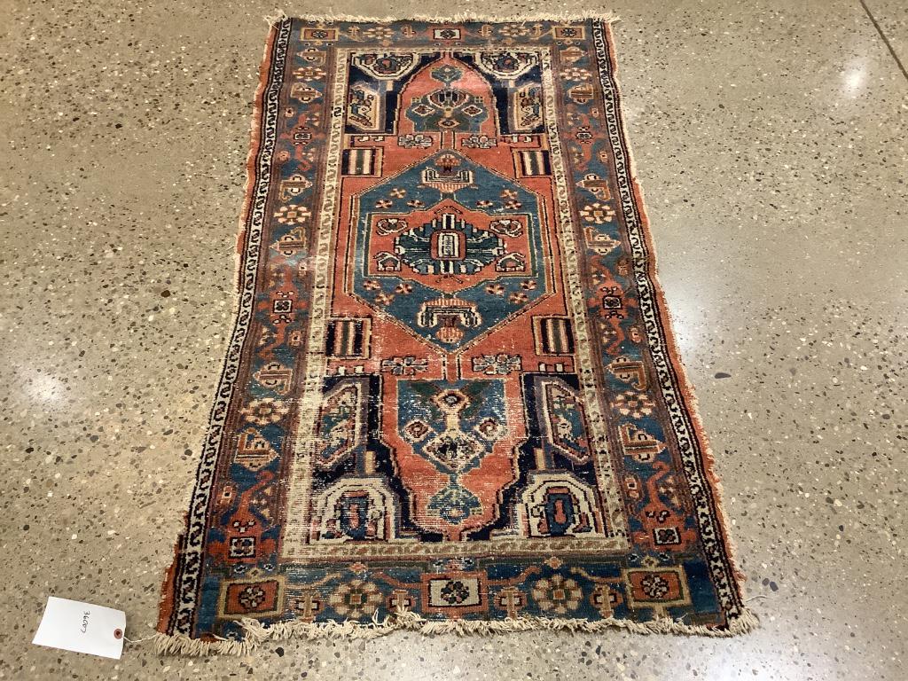 Oriental rug, kazak, 2’10” x 5’6”. Worn to pile in some (1 of 5)