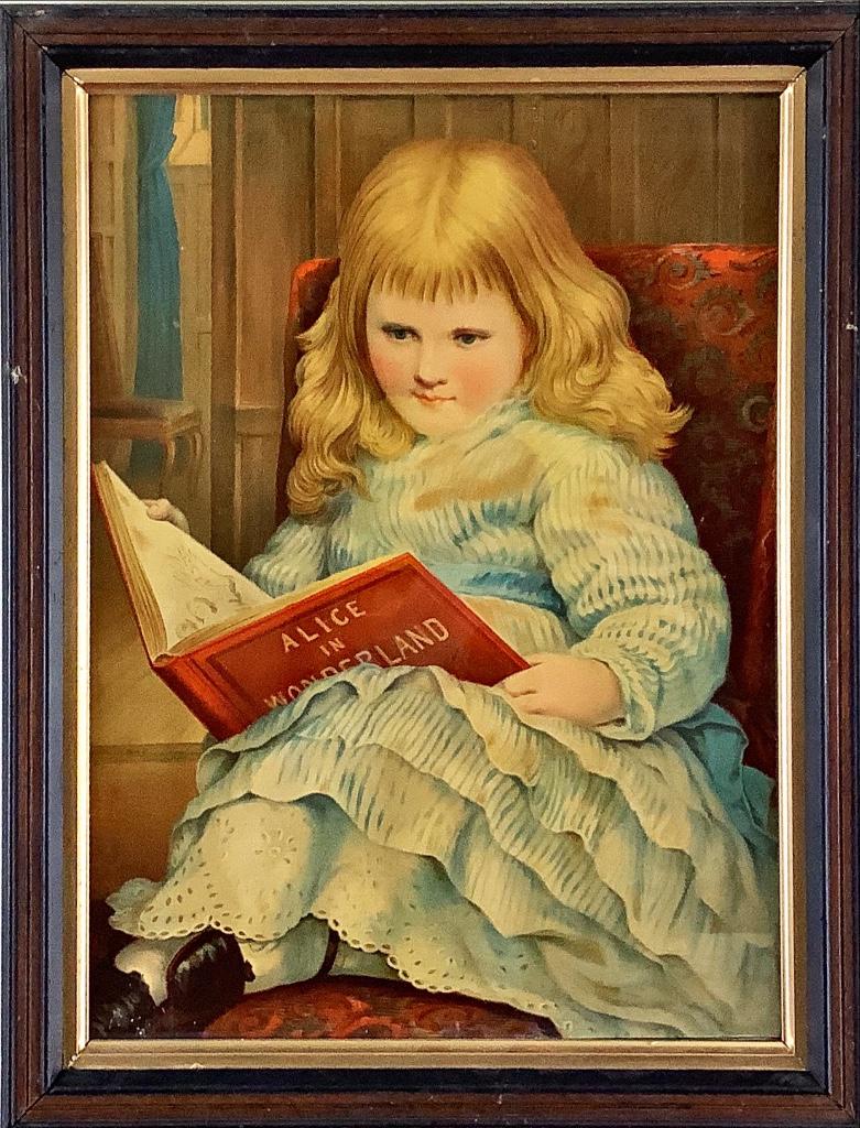 Girl reading “Alice in Wonderland” vintage print in: Girl reading “Alice in Wonderland” vintage print in frame. 15” x 19”.