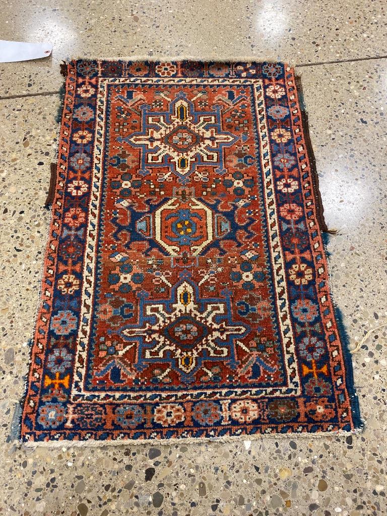 Oriental rug, Kazak, 2’ x 2’10” substantial wear to (1 of 2)