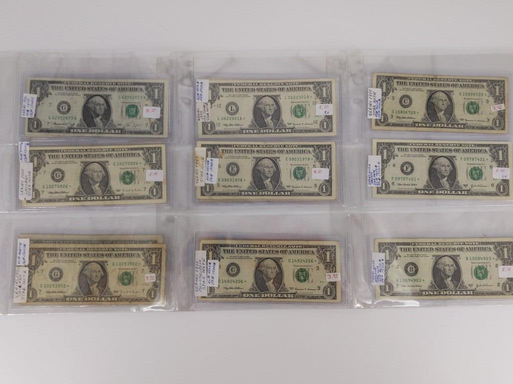 Lot of 14 Modern Washington Dollar Bills + Star Notes: Lot of 14 Modern Washington Dollar Bills + Star Notes Fourteen star/replacement notes and one regular dollar bill dated 1974. Star notes including: 1995/Chicago (x2), 1995/Dallas, 1999 (x4), 1999/San