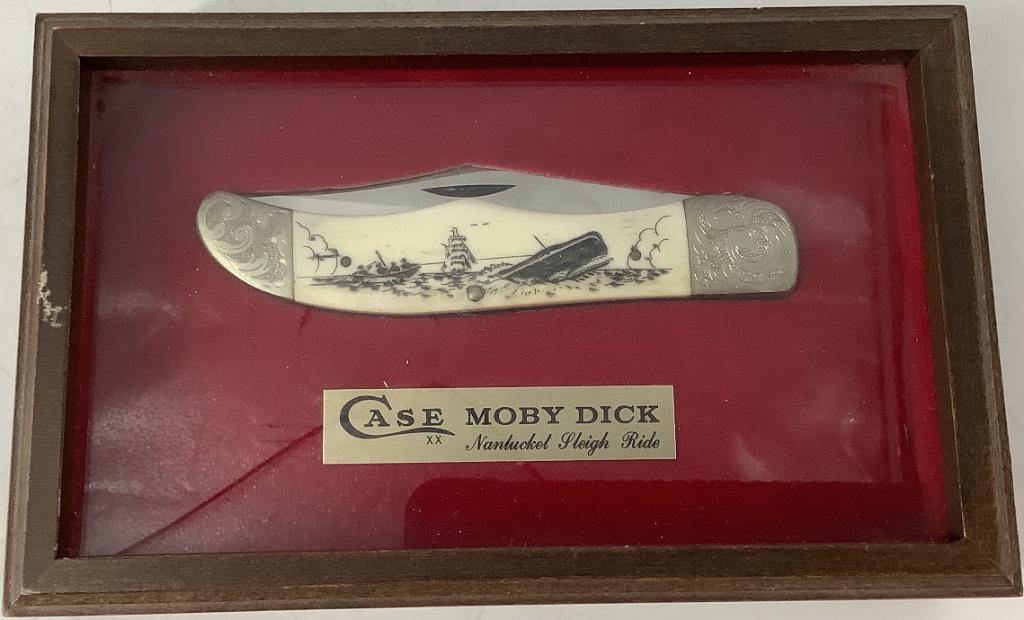 Case XX Moby Dick "Nantucket Sleigh Ride" Folding Knife: Case XX Moby Dick "Nantucket Sleigh Ride" Folding Knife In walnut presentation box (original), model W165 SAB SSP, second knife in series of whaling scenes, individually scrimshawed dorry towing scene