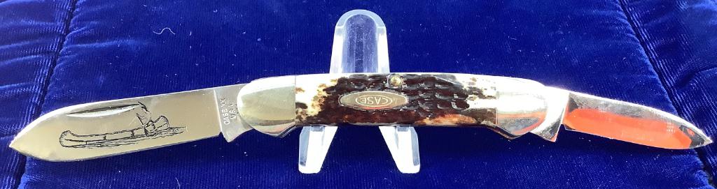 Case XX Folding Knife: Case XX Folding Knife Model # 61048, canoe knife, two blade design with stainless steel drop point and spear point blades, bone handle, made in the USA, like new condition, 3.5" closed, 6.25" in total