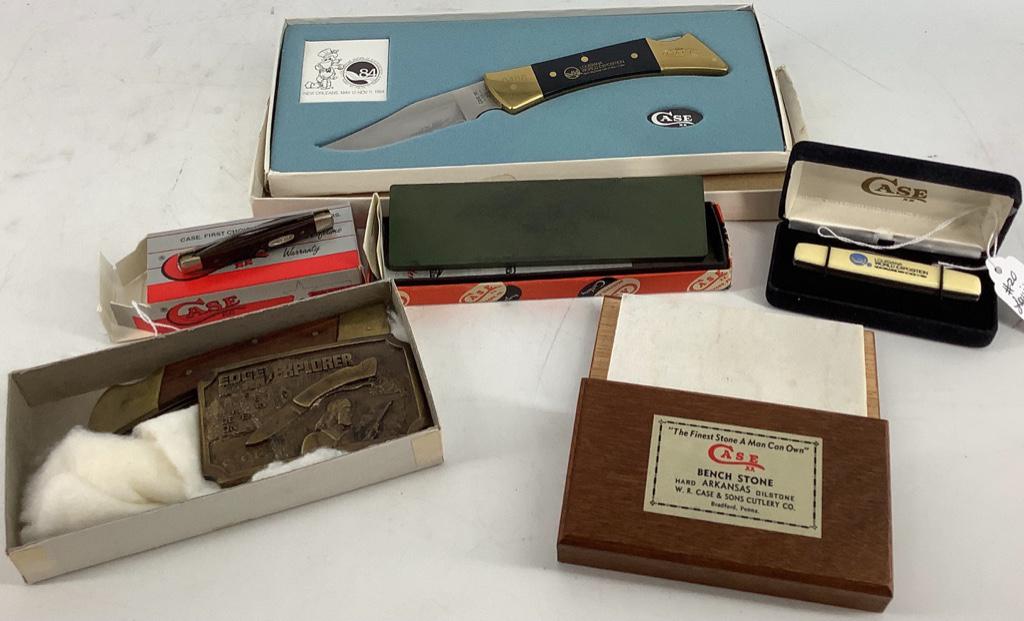 Lot of Assorted Folding Knives and Oilstones: Lot of Assorted Folding Knives and Oilstones Case XX 2-blade folding knife (model #6233 SS) circa 1991 with bone handle and clip point/drop point stainless steel blades (USA made). Case XX "Bench Ston