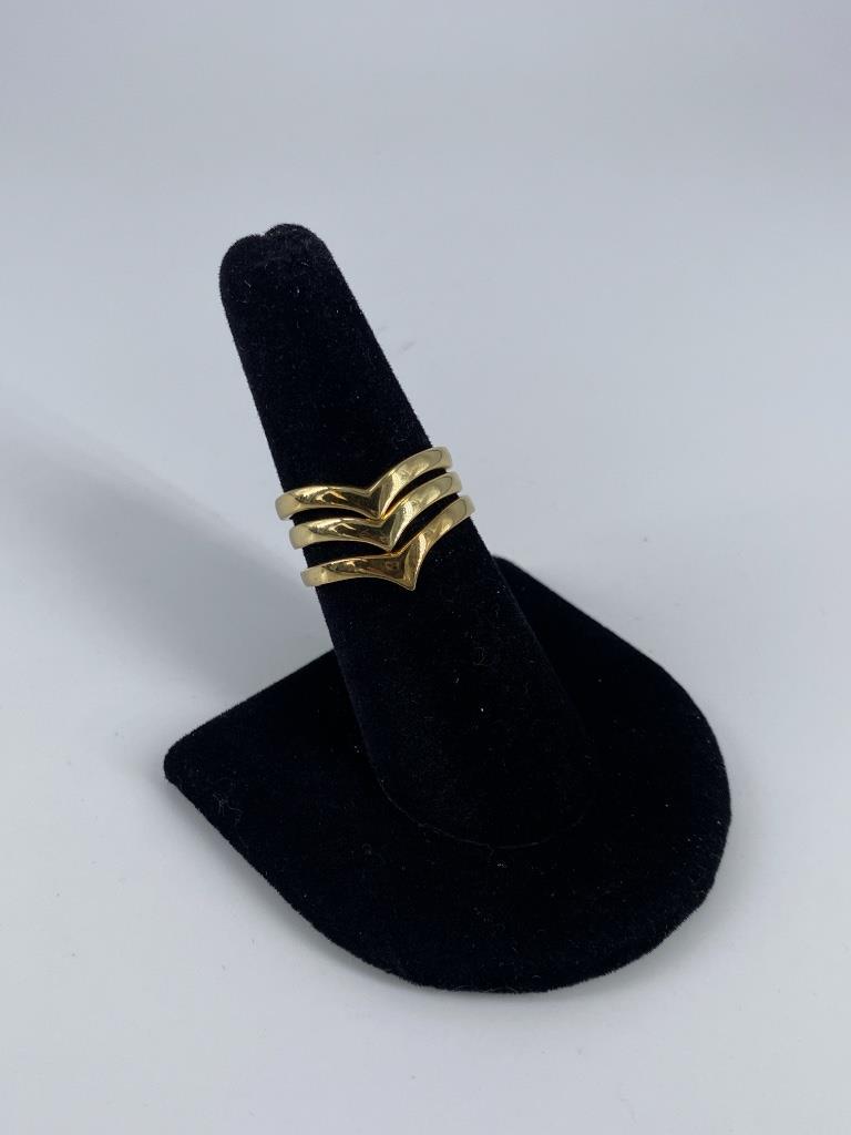 Three 14kt Yellow Gold Stackable Rings: Three 14kt Yellow Gold Stackable Rings Size 6.75, & 7.75, matching design with a polished finish and chevron design all Turkish made stamped and tested (5.23 grams tw)