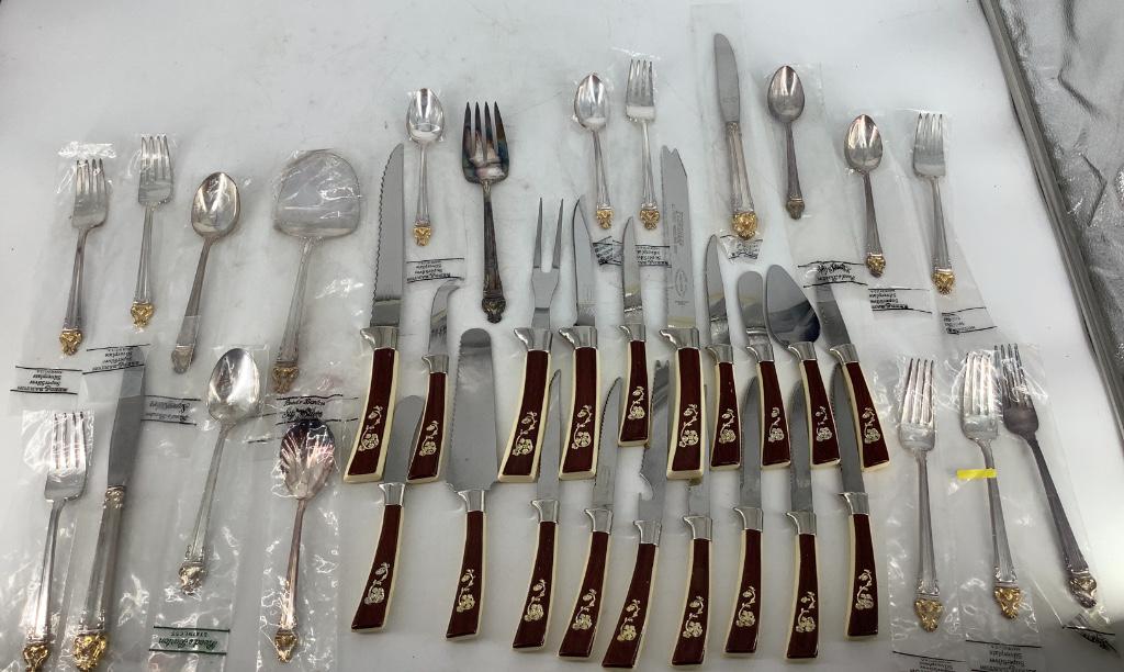 Lot of Vintage Flatware and Serving Pieces: Lot of Vintage Flatware and Serving Pieces Reed & Barton "Super Silver" silverplate flatware and serveware mostly bagged with pieces including: two tablespoons, four teaspoons, three dinner forks, fiv