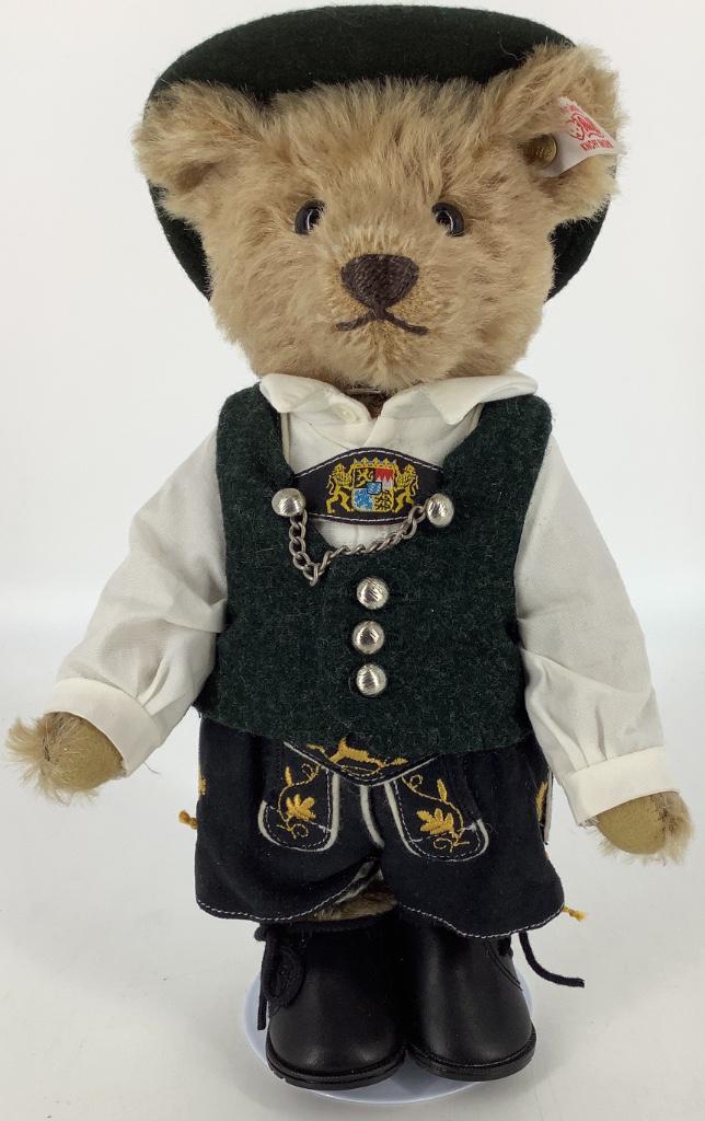 10" Steiff mohair limited edition Bavarian dressed bear: 10" Steiff mohair limited edition Bavarian dressed bear with jointed limbs and swivel head. Retains ear button and label; 1289/1500.
