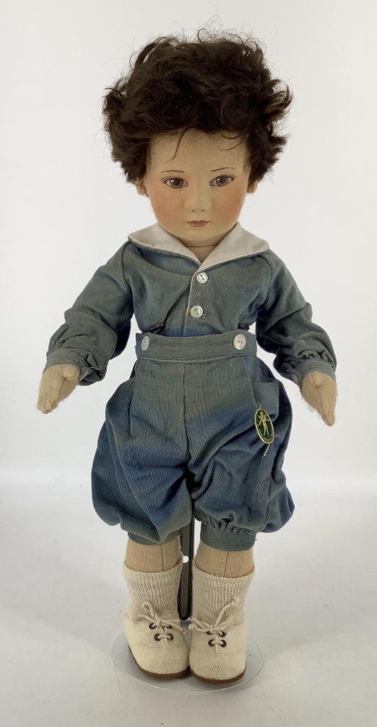 17" R. John Wright "William" from the Little Children: 17" R. John Wright "William" from the Little Children Series I. All wool felt doll with molded and painted facial features, applied ears, mohair wig, on five-piece body disk jointed at the neck, shoul