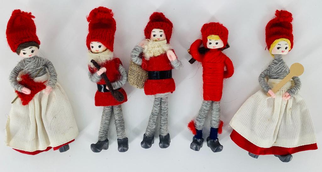 (5) Grecon miniature dolls. yarn wrapped wire with: (5) Grecon miniature dolls. yarn wrapped wire with painted cloth head, metal boots as shown. Each 4" tall.