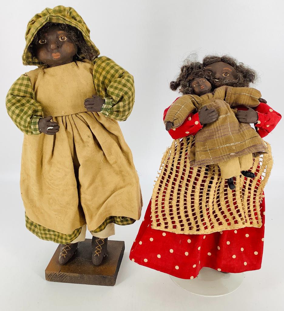 (3) artist made papier mÃ¢chÃ© black dolls; 6"- 14Â½".: (3) artist made papier mÃ¢chÃ© black dolls; 6"- 14½". Molded and painted facial features; on cloth bodies with mÃ¢chÃ© hands and shoes. 13" and 14½" have wire armature in arms an