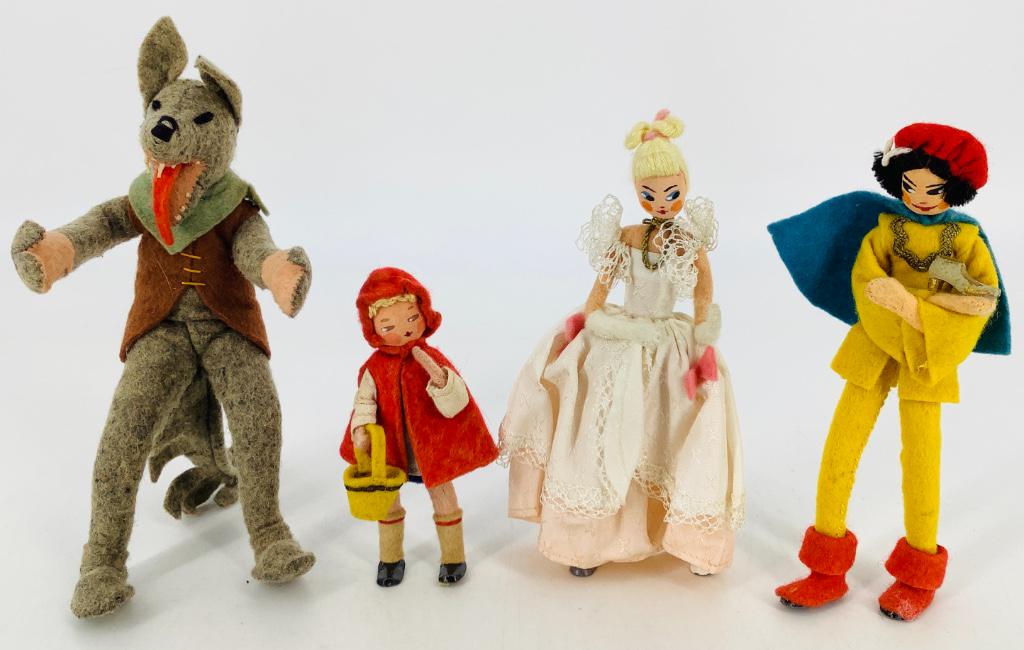 Vintage BAPS "Little Red Riding Hood" and "Cinderella".: Vintage BAPS "Little Red Riding Hood" and "Cinderella". Includes Red Riding Hood and the wolf, Cinderella and the Prince. The dolls have fabric heads with painted facial features, applied embroidery t