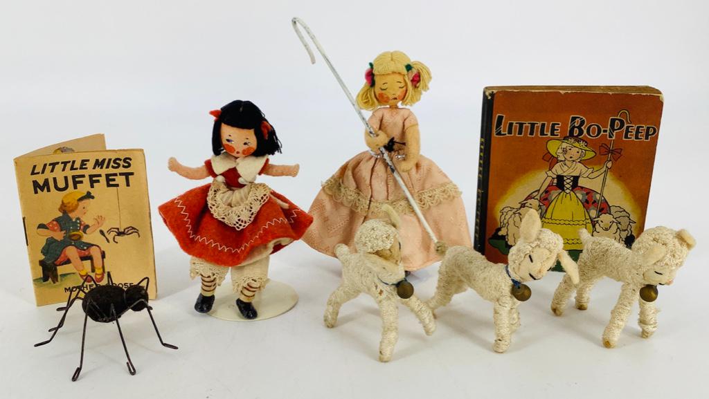 Vintage BAPS "Little Bo Peep" and "Little Miss Muffet".: Vintage BAPS "Little Bo Peep" and "Little Miss Muffet". Includes Peep, her three sheep and a book of nursery rhymes, and Miss Muffet, the spider and a miniature booklet. Both dolls have fabric heads w