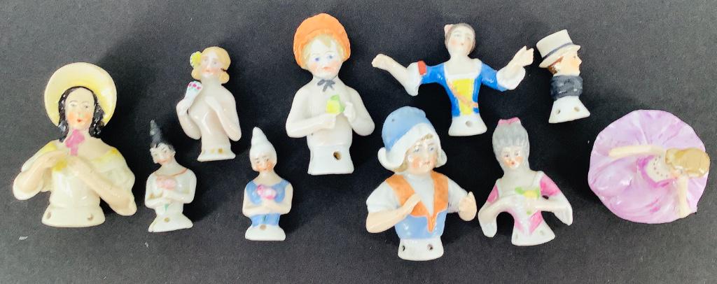 Lot (10) small china half dolls. Some marked "Germany", (1 of 1)