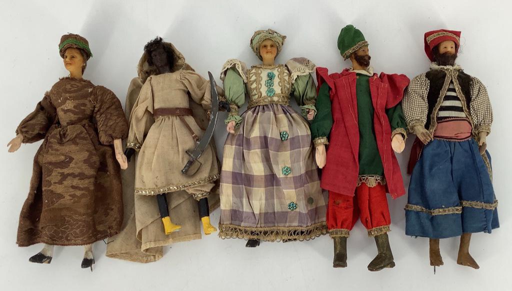 (5) early Wax Head figures likely Creche. Molded heads (1 of 2)