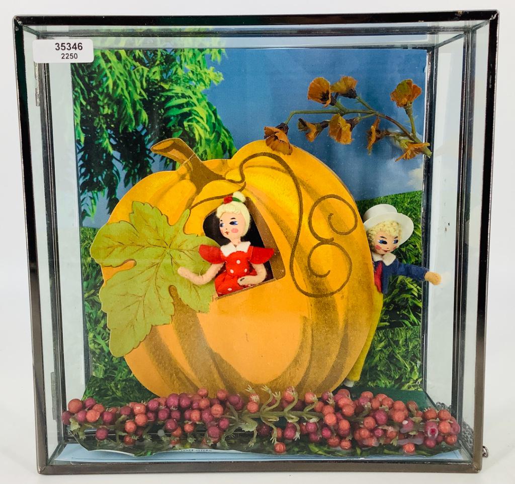 Vintage BAPS "Peter Peter Pumpkin Eater". Made into a: Vintage BAPS "Peter Peter Pumpkin Eater". Made into a three dimensional diorama, includes Peter and his wife with a paper cutout of a pumpkin. The dolls have fabric heads with painted facial features,