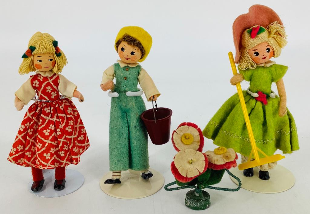 Vintage BAPS "Mary Mary Quite Contrary" and "Jack and: Vintage BAPS "Mary Mary Quite Contrary" and "Jack and Jill". All have fabric heads with painted facial features, applied embroidery thread hair, on felt covered wire bodies with metal feet. Each is 4"