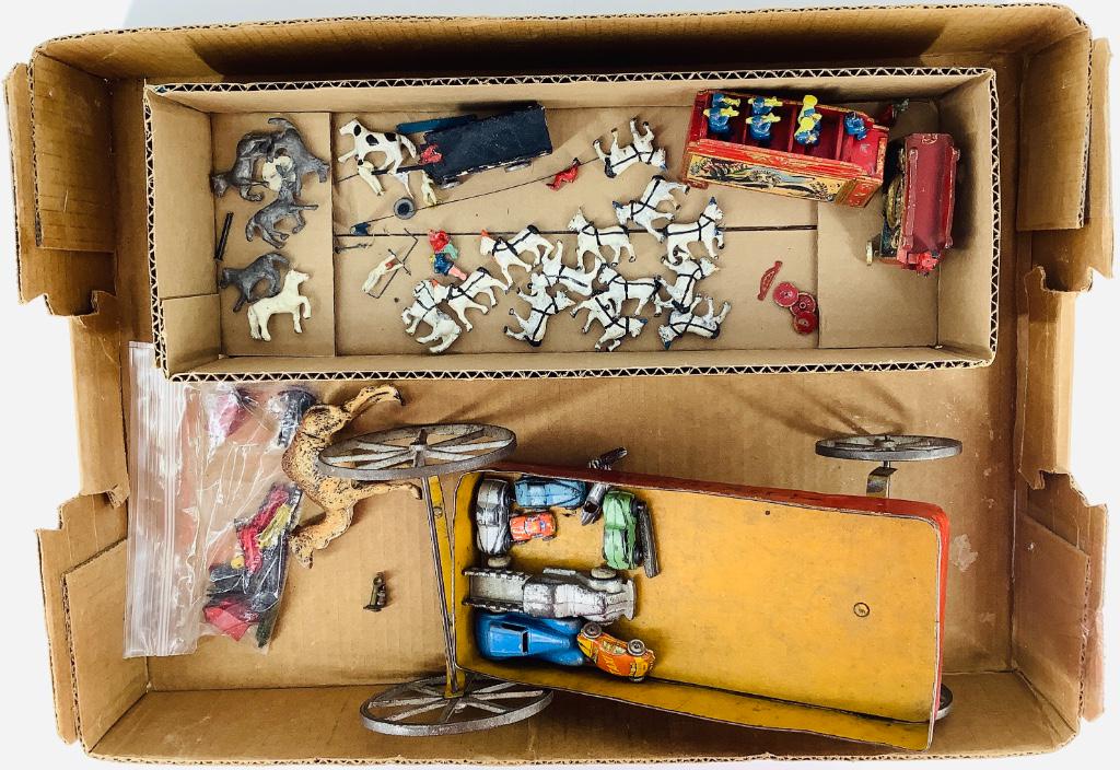 Lot of metal toys including automobiles, circus cars: Lot of metal toys including automobiles, circus cars with horses and performers, 3" camel, chicken, turkey, miniature pocket knife, phone, miniature train set and 9½"l x 4½"w x 4½