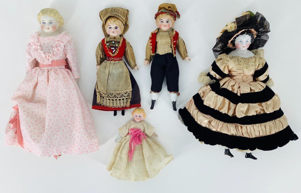 (5) shoulder head dolls. Includes 10" parian type, 7" (1 of 5)