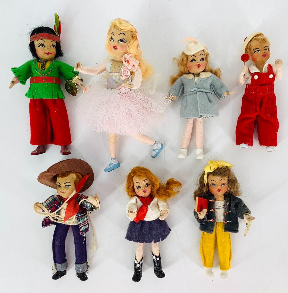 (7) Tiny Town dollhouse dolls. Includes "Big Brave",: (7) Tiny Town dollhouse dolls. Includes "Big Brave", "Cowboy" and Cowgirl, "Lazy Daisy", "Brother" and "Honey" all 4 1/2", and 5 1/2" Ballerina. All have cloth heads with painted facial features, wrap