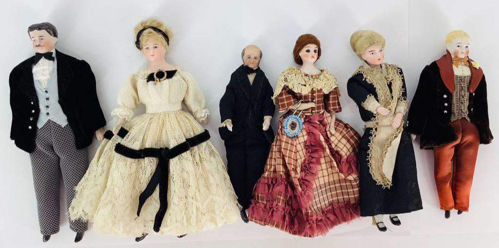 (6) German dollhouse dolls. Bisque shoulder heads with (1 of 1)