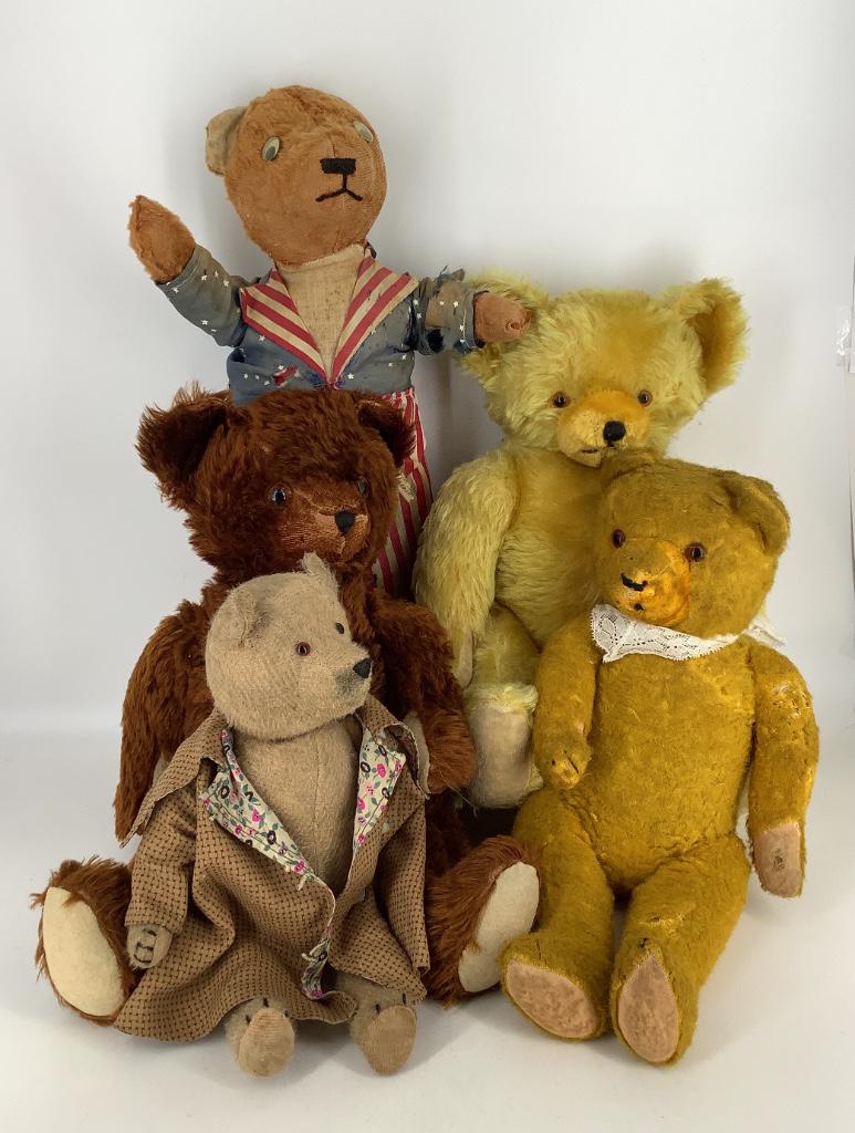 (5) vintage bears including 19" with disk eyes and (1 of 1)