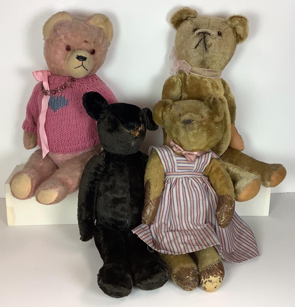 (4) vintage jointed teddy bears, plush and mohair; 22"- (1 of 1)