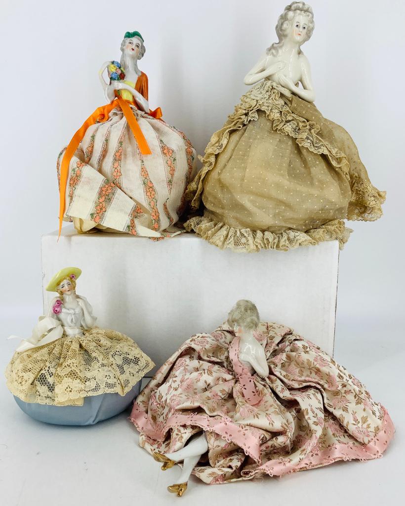 (4) German half dolls including (2) pincushions (6Â½" & (1 of 1)