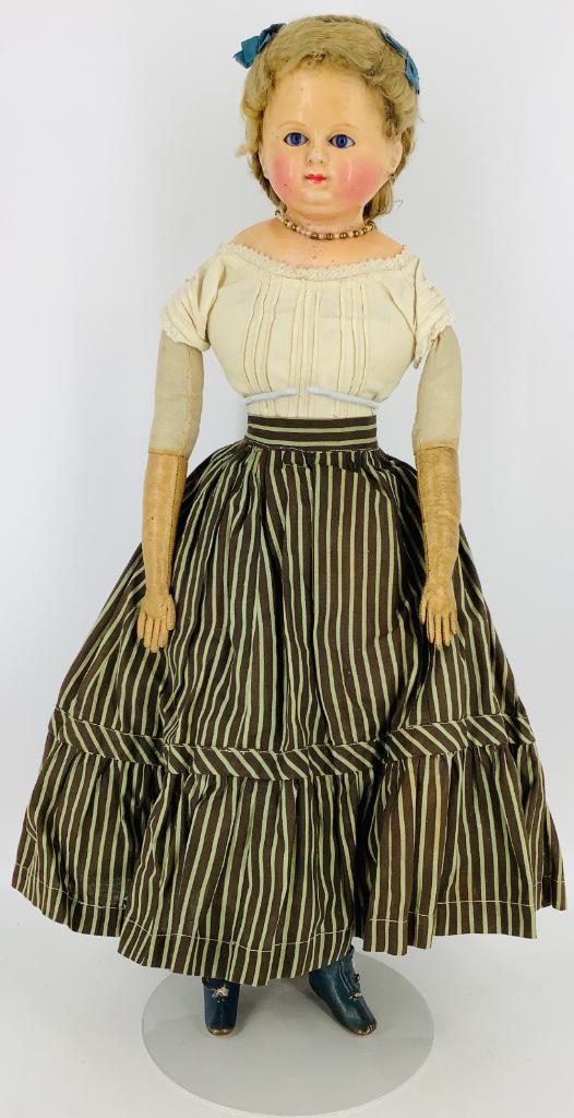 24 1/2" Wax-over Papier Mache shoulder head lady.: 24 1/2" Wax-over Papier Mache shoulder head lady. Original mohair wig, glass sleep eyes, pierced ears, closed mouth, on firmly stuffed cloth body with leather lower arms, individual fingers. Nicely co
