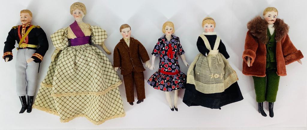 (6) German dollhouse dolls. Bisque shoulder heads with (1 of 1)